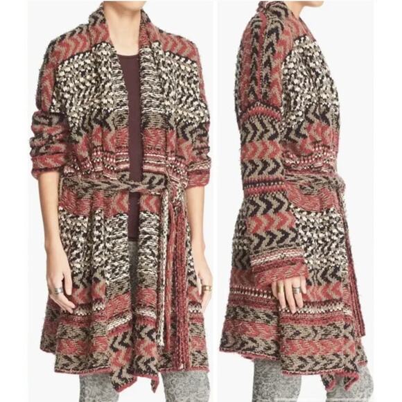 Free People Iona Long Belted Cardigan XS Heavy Knit Distressed Boho Wool Alpaca - Picture 3 of 14